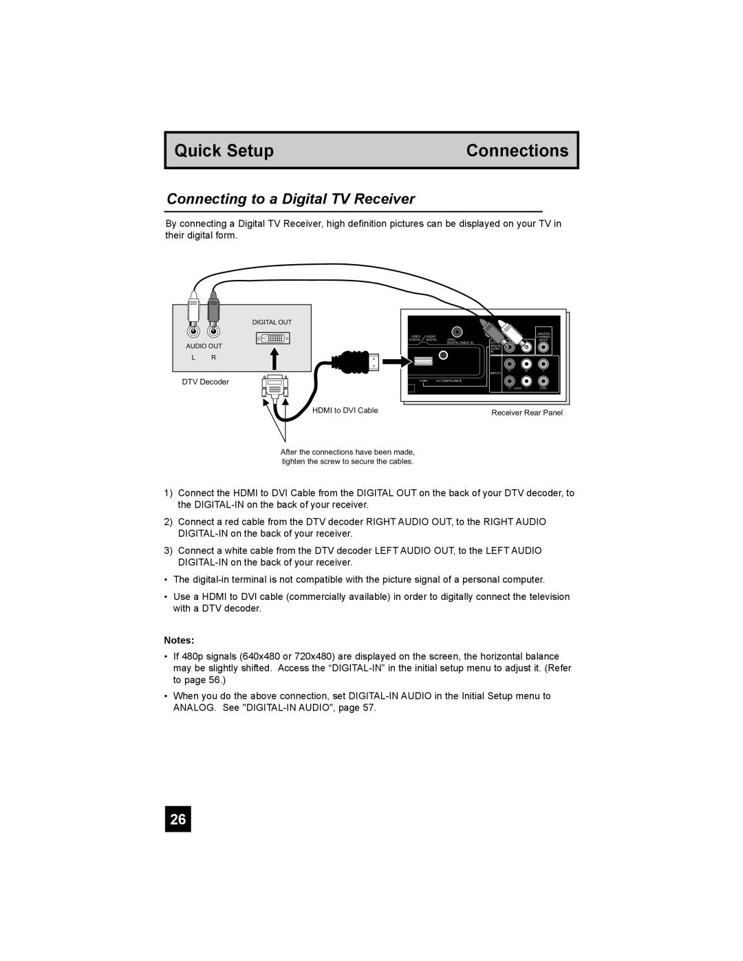 JVC PD-42X795 manual Connecting to a Digital TV Receiver, DTV Decoder Hdmi to DVI Cable 