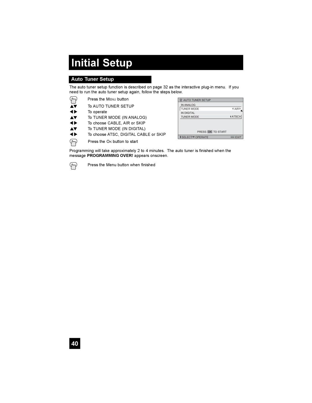 JVC PD-42X795 manual Initial Setup, Auto Tuner Setup 