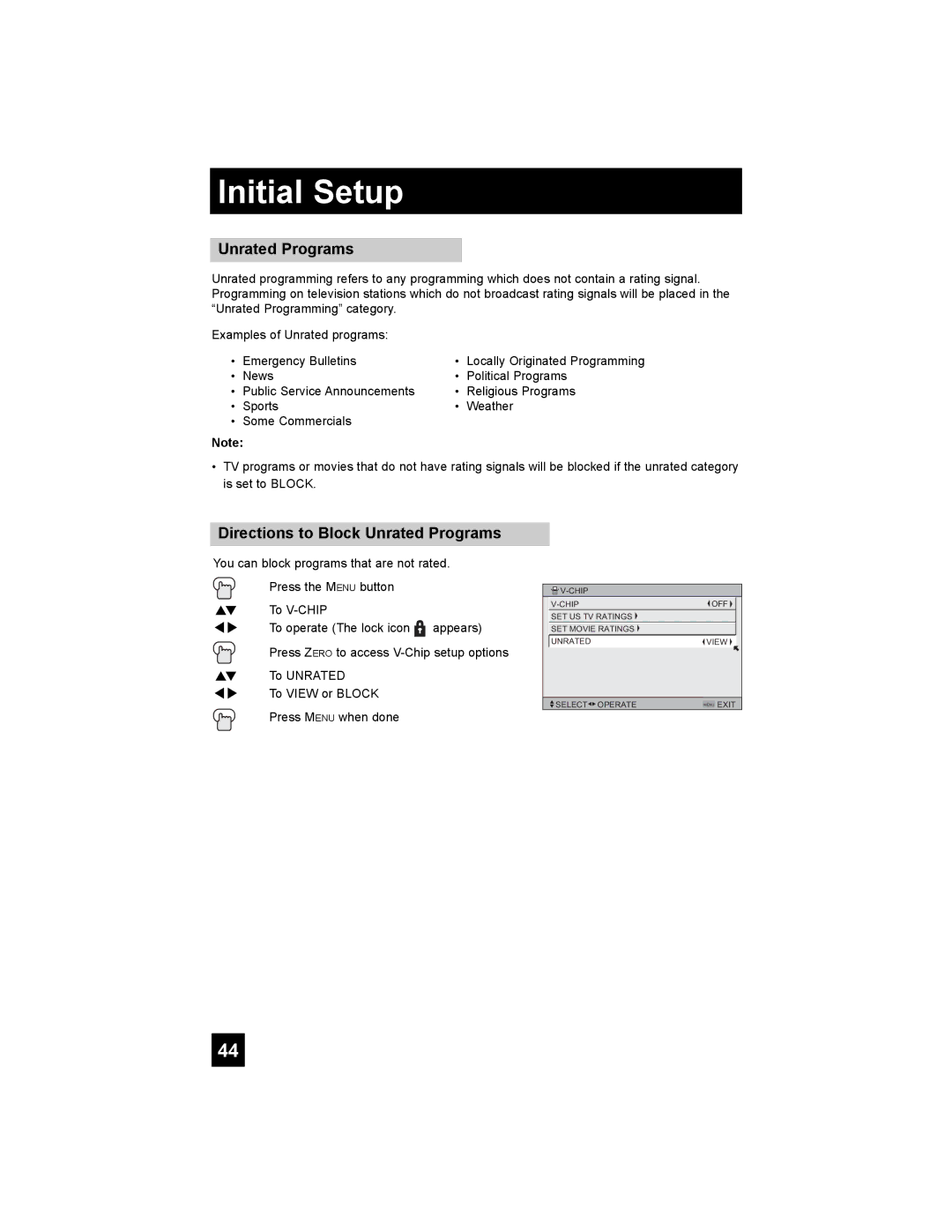 JVC PD-42X795 manual Directions to Block Unrated Programs 