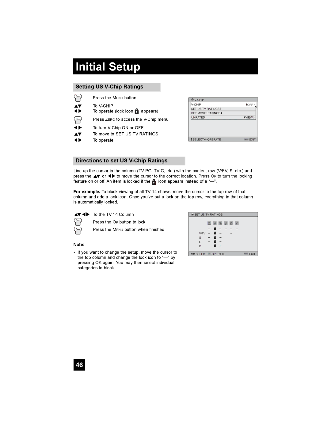 JVC PD-42X795 manual Setting US V-Chip Ratings, Directions to set US V-Chip Ratings 