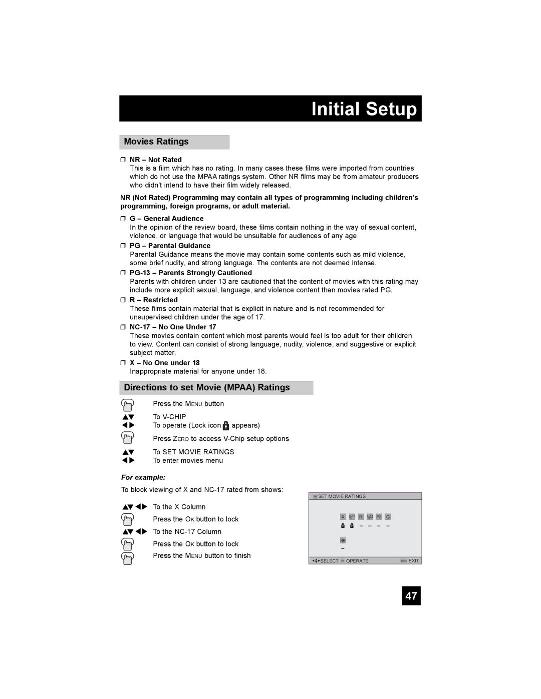 JVC PD-42X795 manual Movies Ratings, Directions to set Movie Mpaa Ratings 