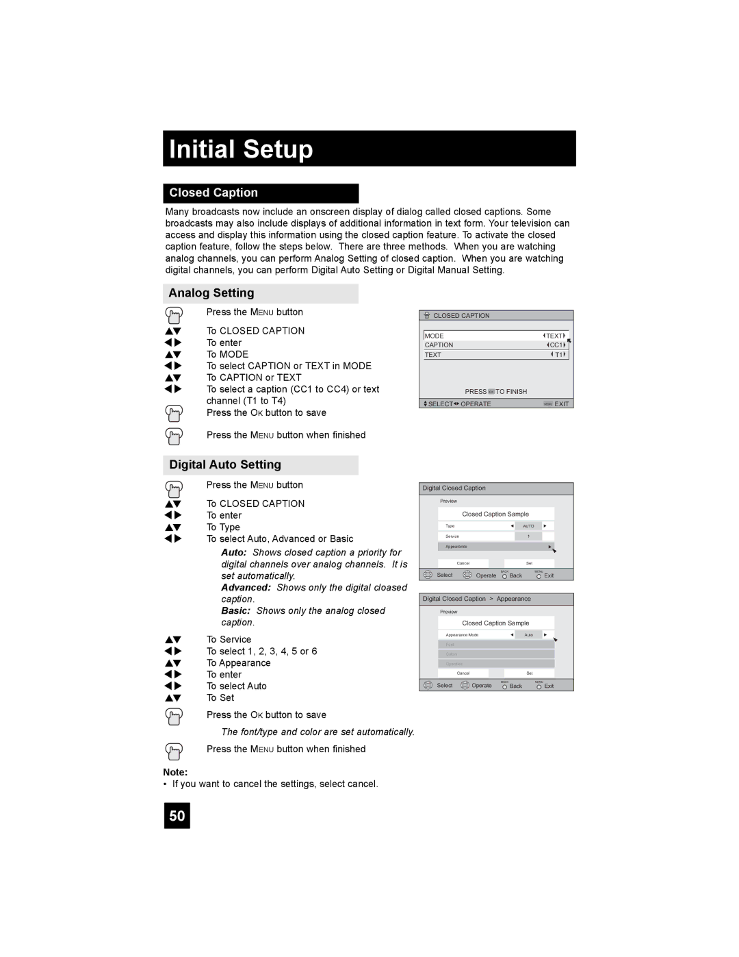 JVC PD-42X795 manual Closed Caption, Analog Setting, Digital Auto Setting 