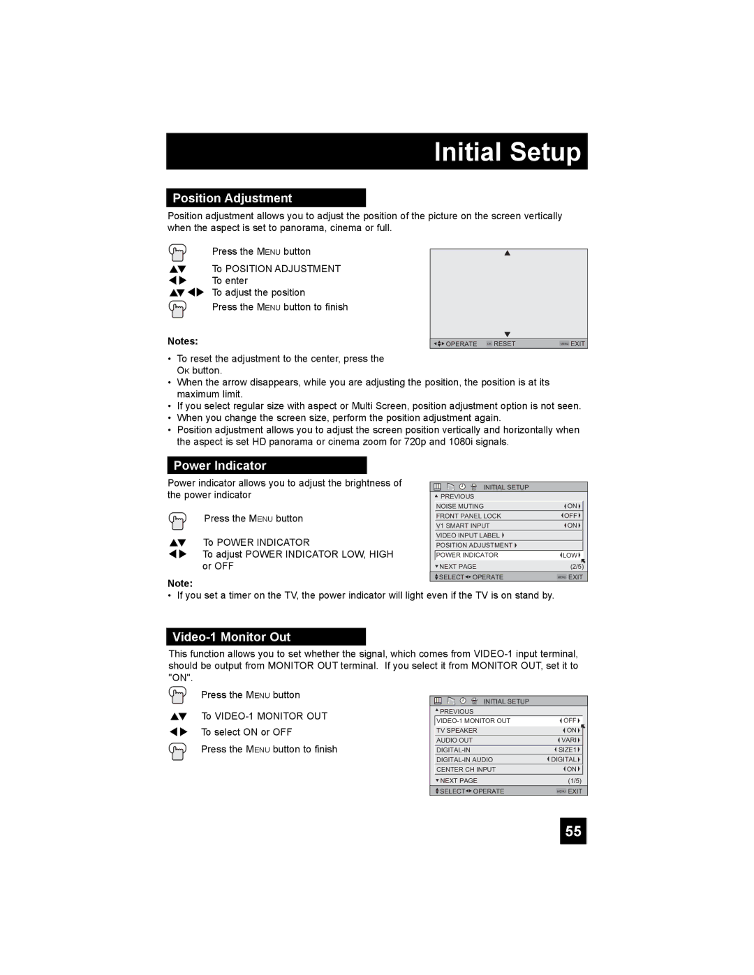 JVC PD-42X795 manual Position Adjustment, Power Indicator, Video-1 Monitor Out 