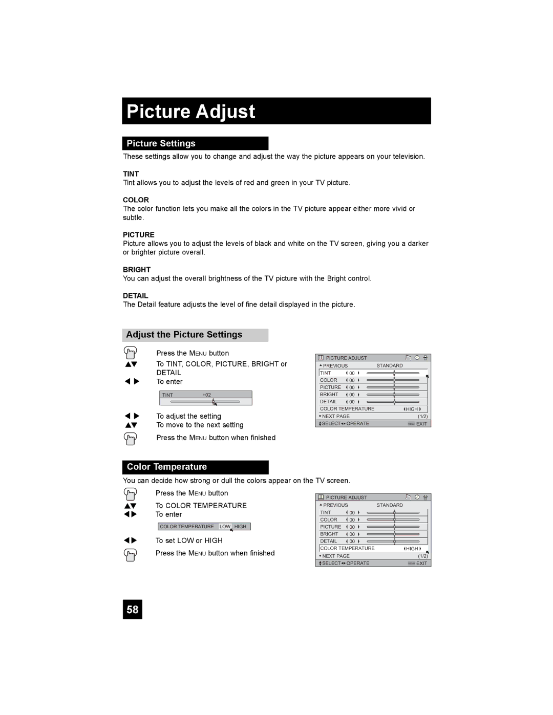 JVC PD-42X795 manual Picture Adjust, Adjust the Picture Settings, Color Temperature 