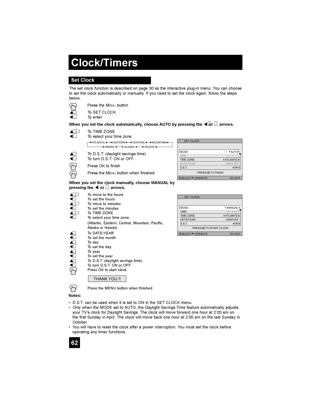 JVC PD-42X795 manual Clock/Timers, Set Clock 