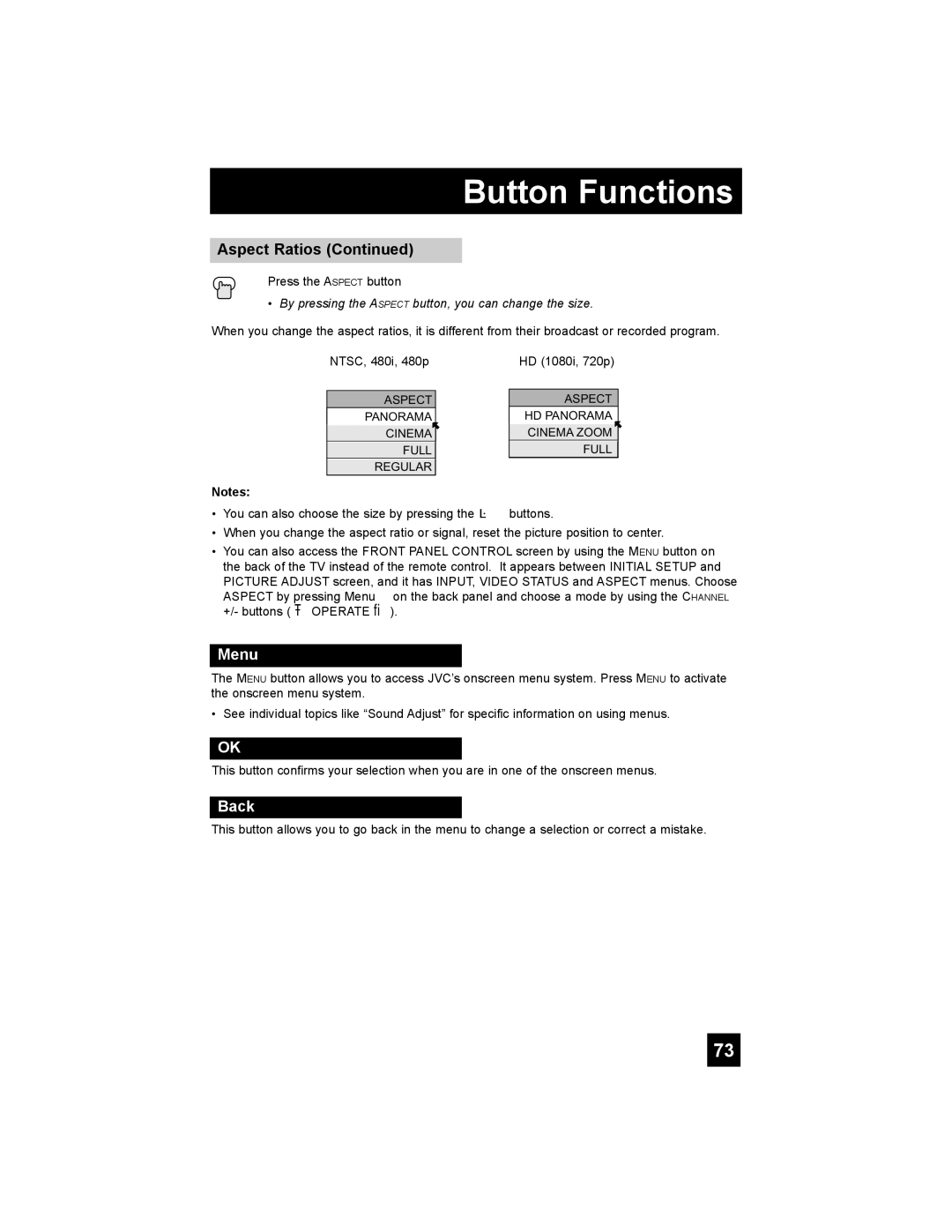 JVC PD-42X795 manual Menu, Back 