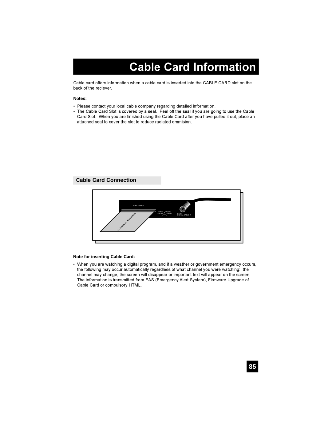 JVC PD-42X795 manual Cable Card Information, Cable Card Connection 