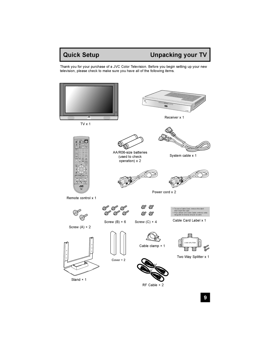 JVC PD-42X795 manual Quick Setup Unpacking your TV 