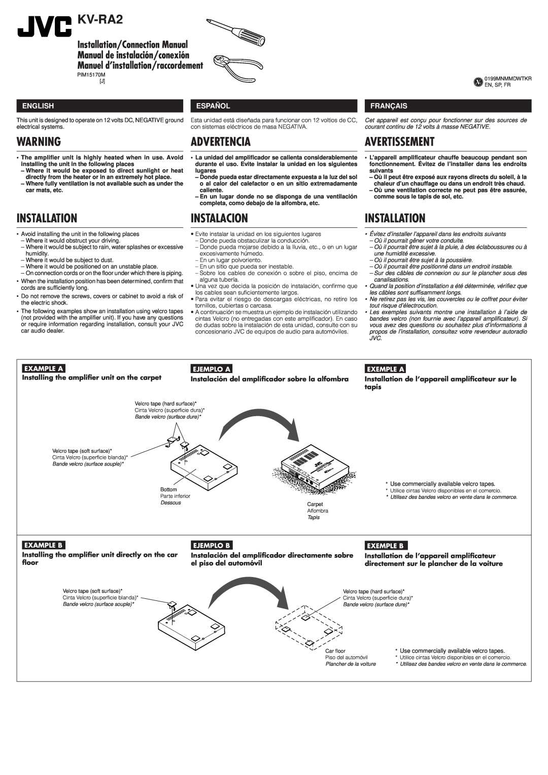 JVC 0199MNMMDWTKR manual Advertencia, Instalacion, Installation/Connection Manual, Manual de instalación/conexión 
