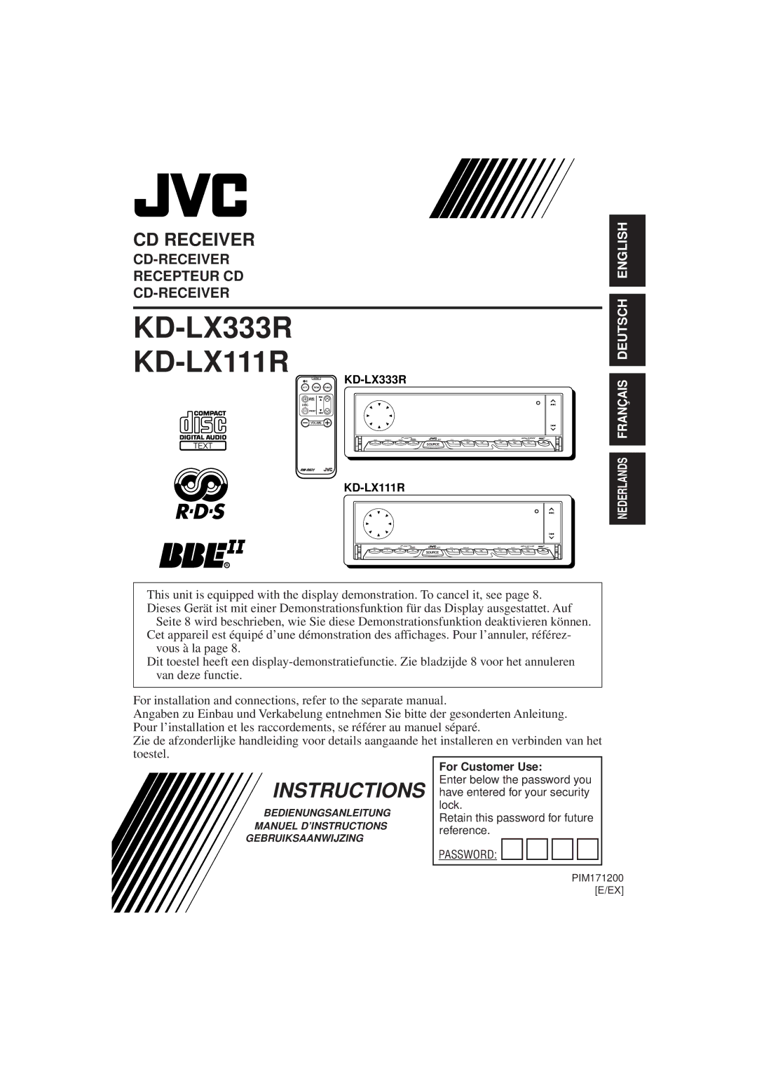 JVC PIM171200 manual KD-LX333R, KD-LX111R, For Customer Use, Retain this password for future 