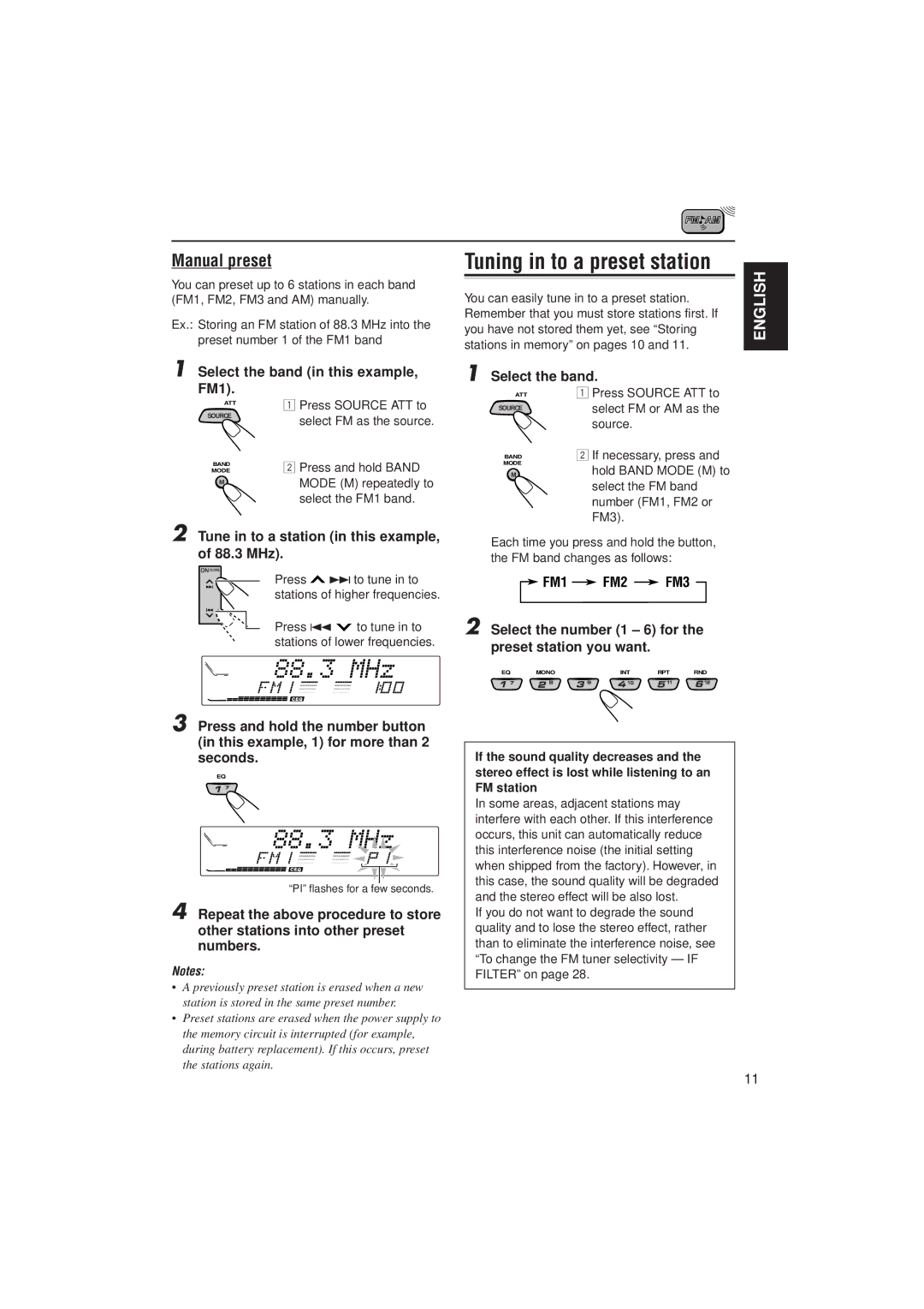 JVC PIM171200 manual Manual preset, Select the band in this example, FM1, Tune in to a station in this example, of 88.3 MHz 