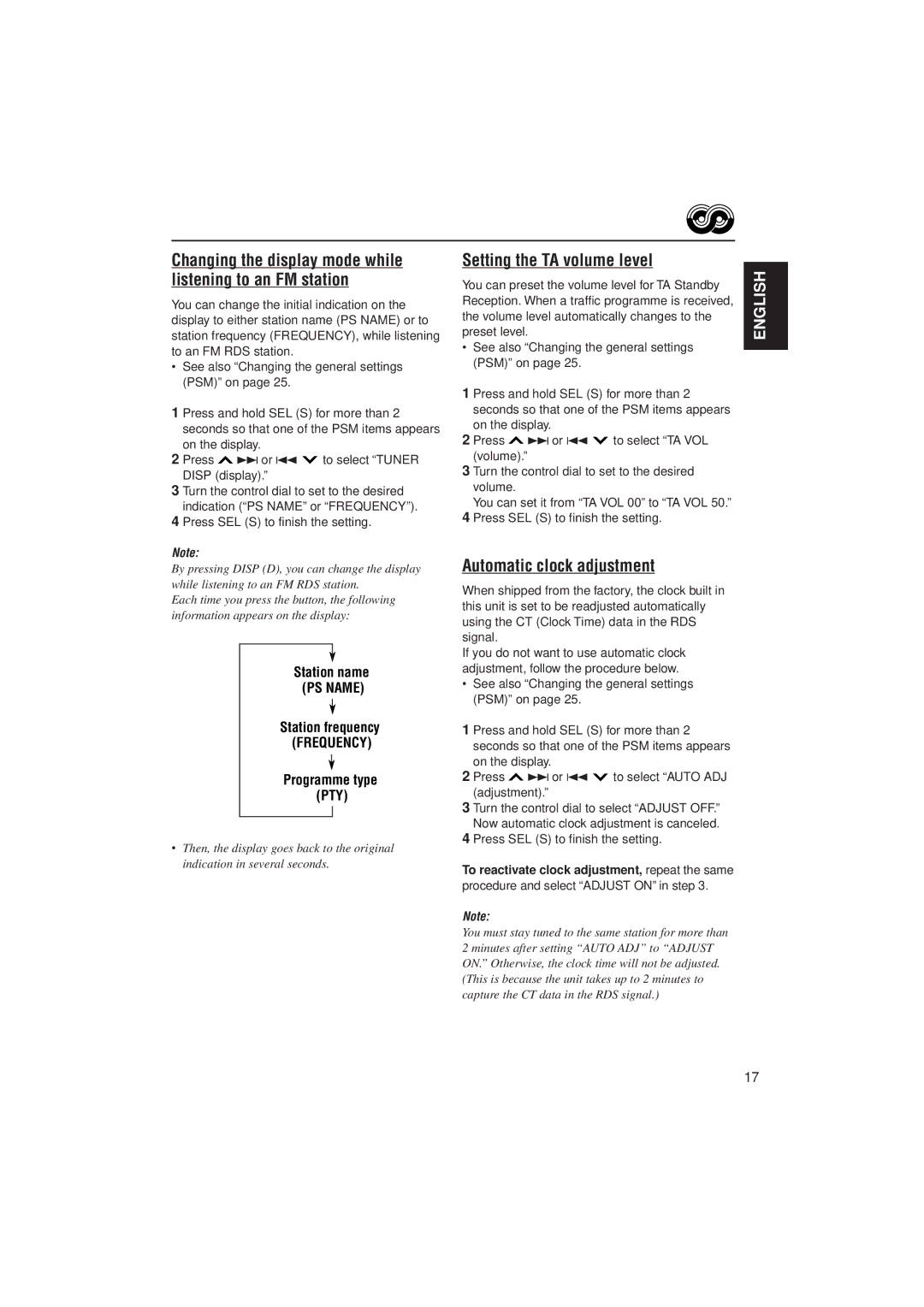 JVC PIM171200 manual Setting the TA volume level, Automatic clock adjustment, Frequency 