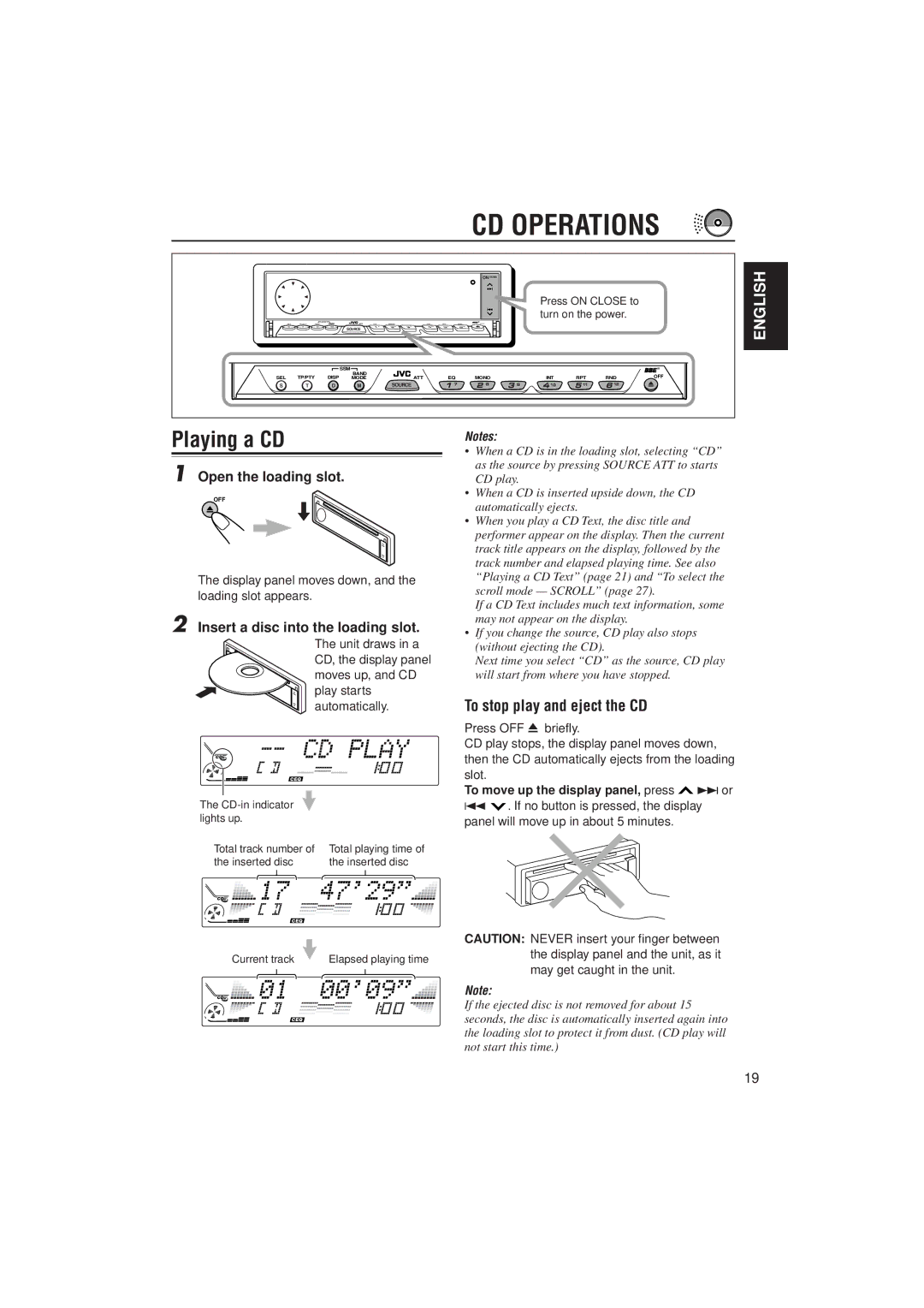 JVC PIM171200 manual CD Operations, Playing a CD, To stop play and eject the CD, Open the loading slot 