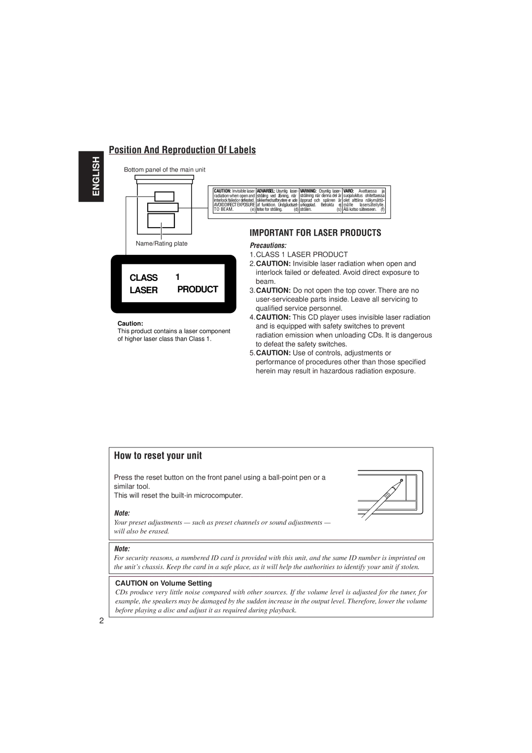 JVC PIM171200 manual Position And Reproduction Of Labels, How to reset your unit 