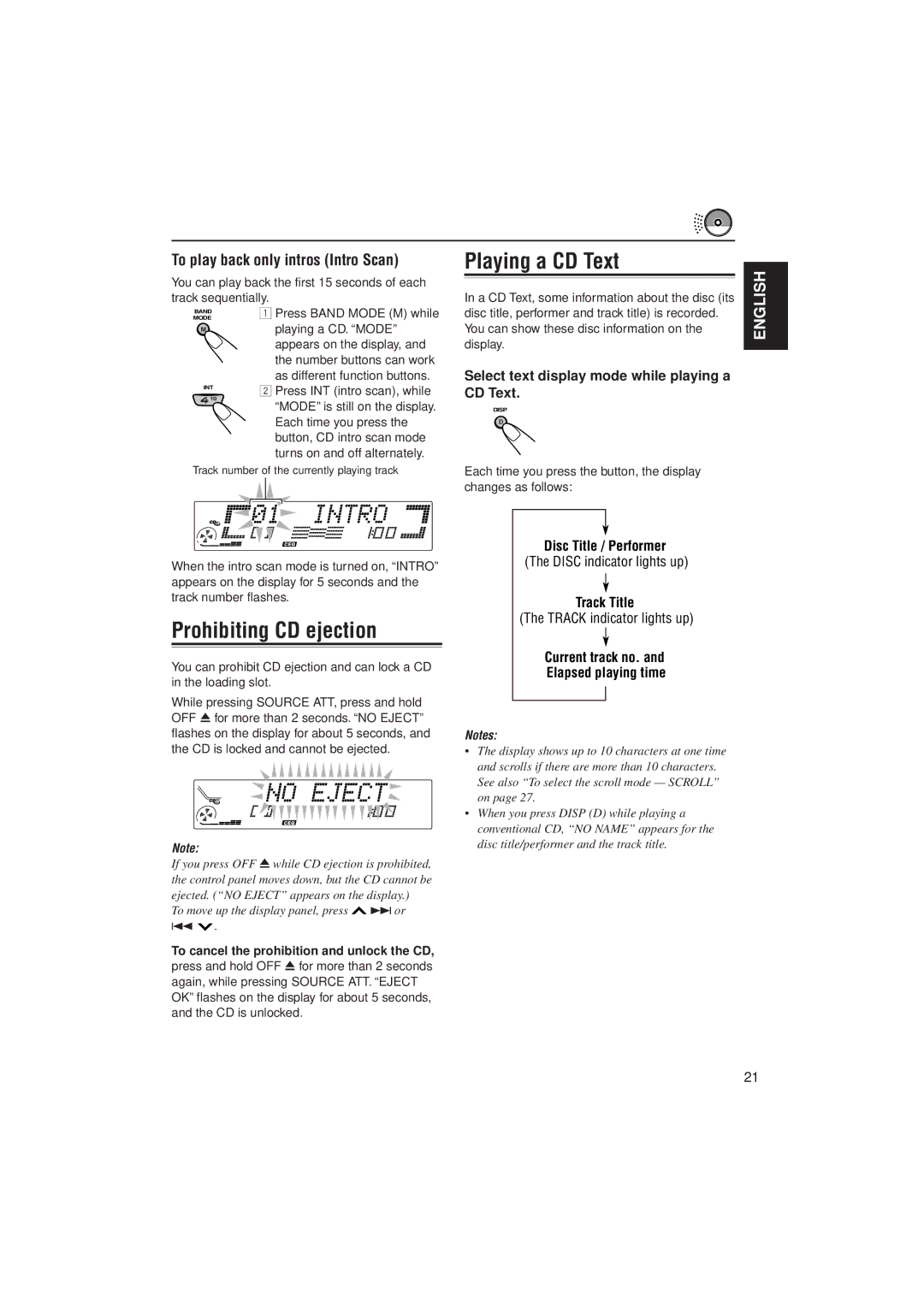 JVC PIM171200 manual Playing a CD Text, Prohibiting CD ejection, To play back only intros Intro Scan 