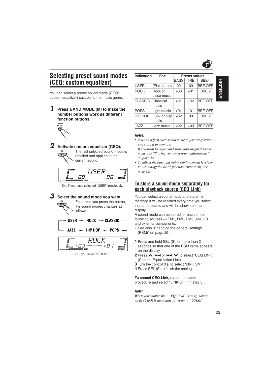 JVC PIM171200 manual Activate custom equalizer CEQ, Select the sound mode you want, User Rock Classic Jazz HIP HOP Pops 