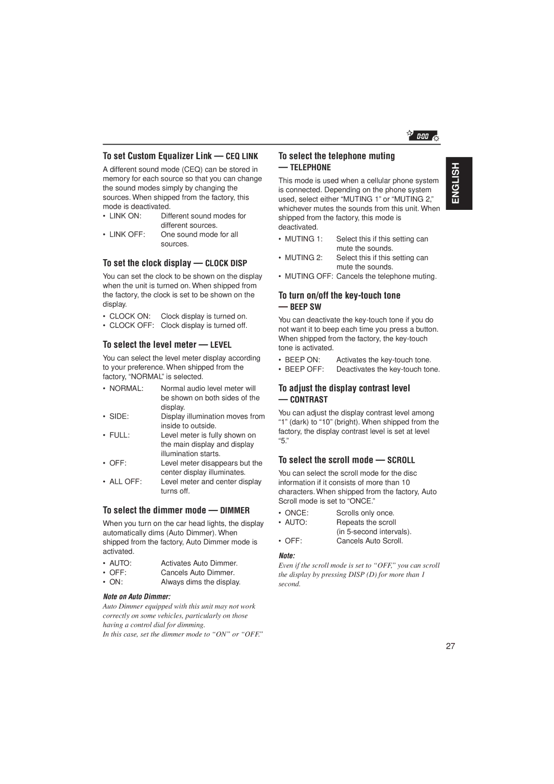 JVC PIM171200 manual To set the clock display Clock Disp, To select the level meter Level, To select the dimmer mode Dimmer 