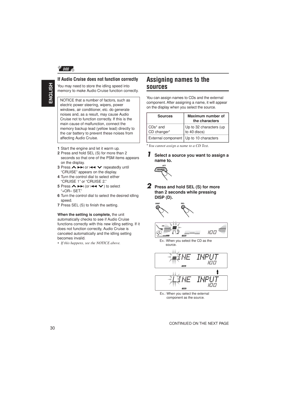 JVC PIM171200 manual Assigning names to the sources, If Audio Cruise does not function correctly, Sources Maximum number 