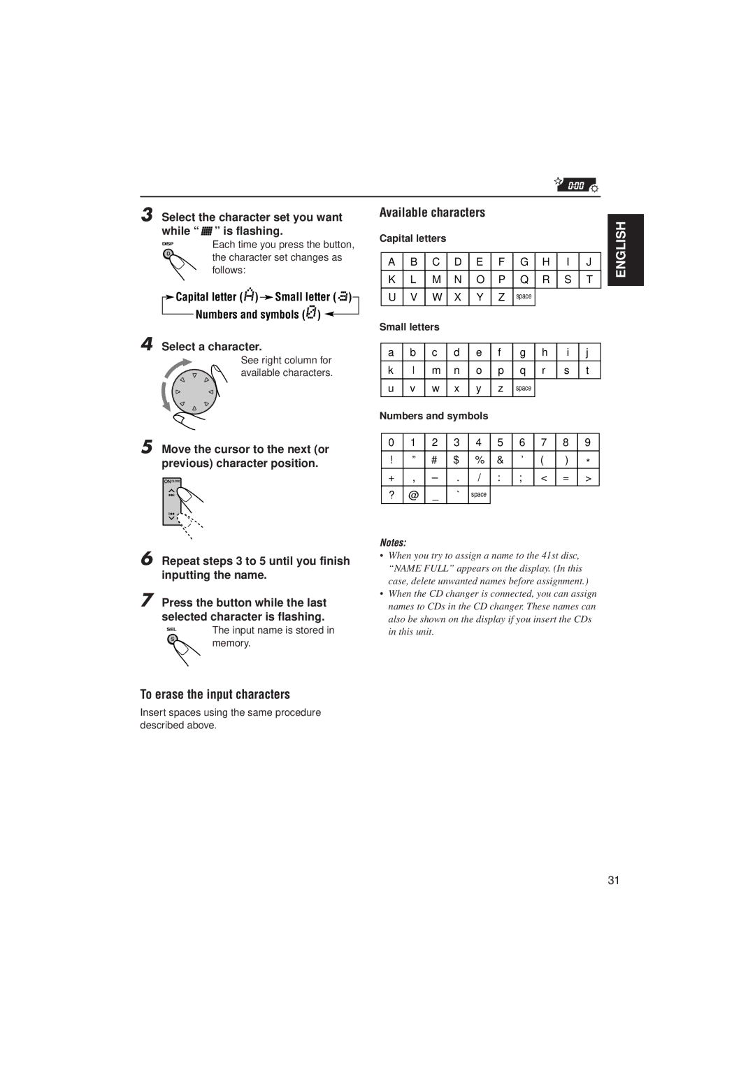 JVC PIM171200 manual To erase the input characters, Select the character set you want while is flashing, Select a character 