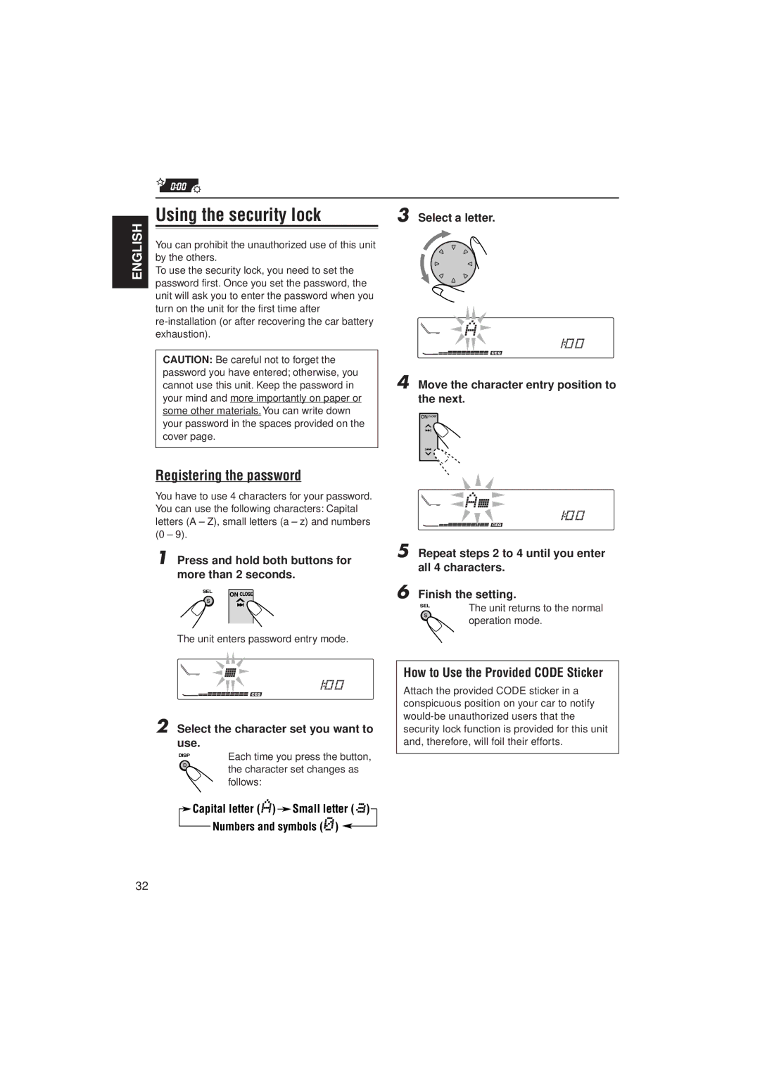 JVC PIM171200 manual Using the security lock, Registering the password, How to Use the Provided Code Sticker 