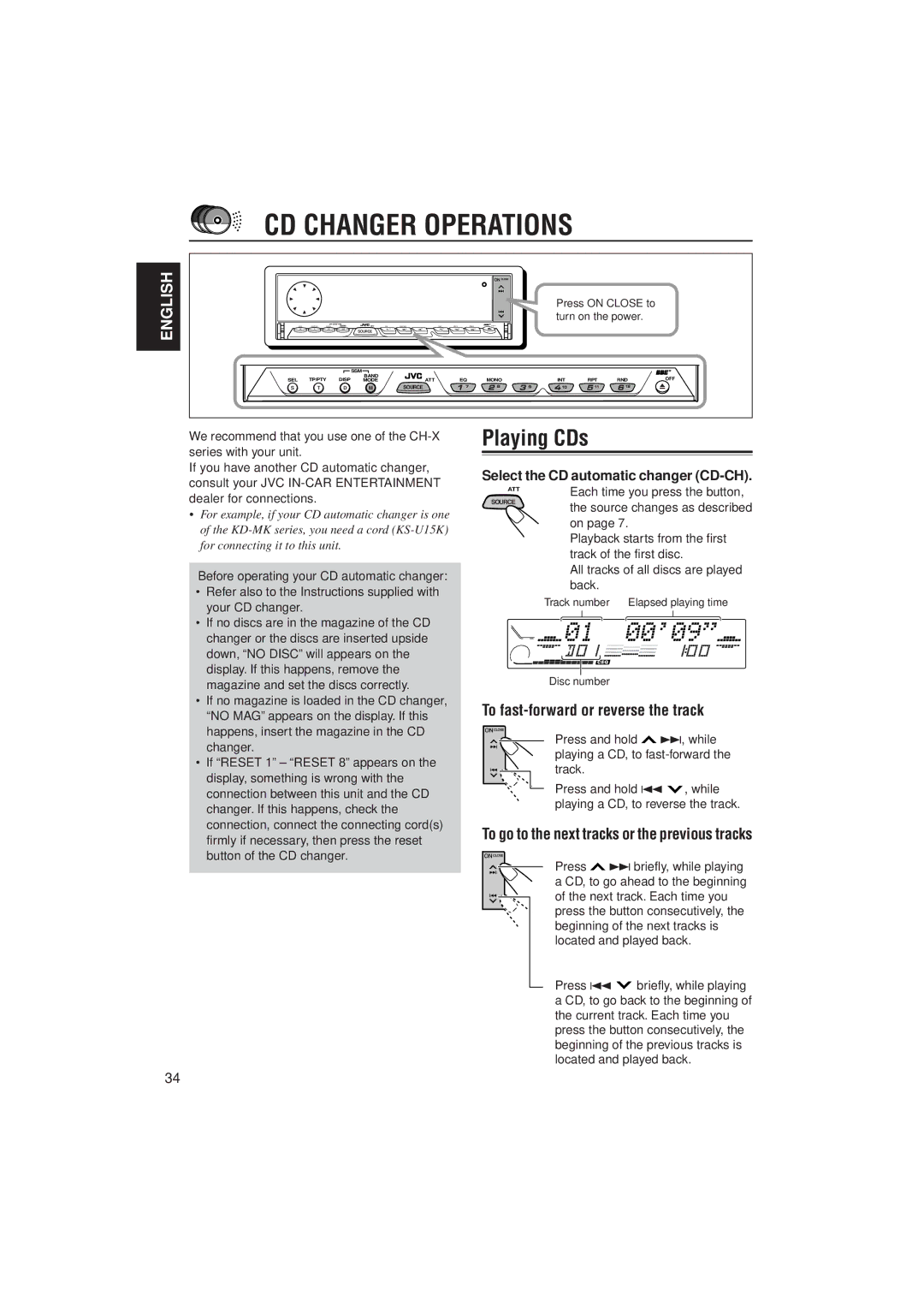 JVC PIM171200 manual CD Changer Operations, Playing CDs, Select the CD automatic changer CD-CH 