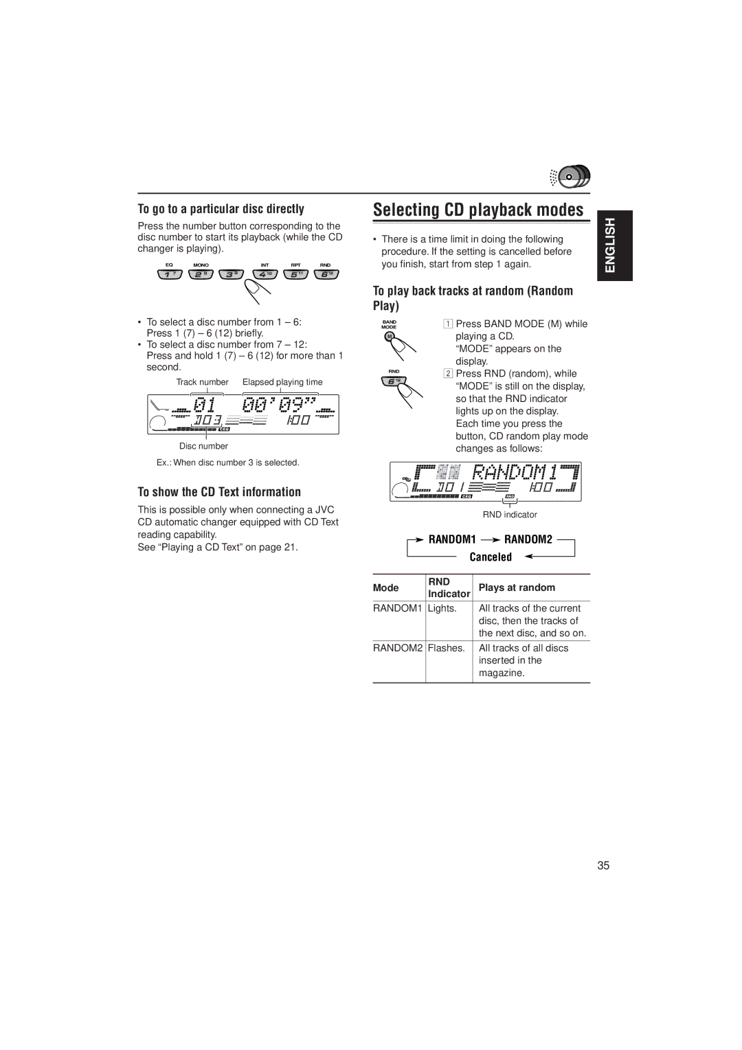 JVC PIM171200 Selecting CD playback modes, To go to a particular disc directly, To show the CD Text information, Play 