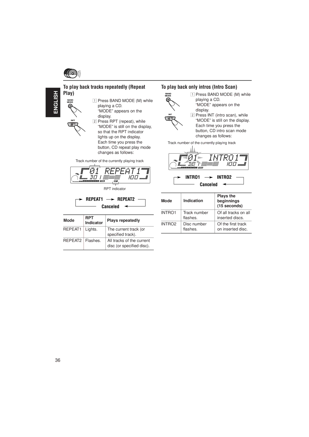 JVC PIM171200 manual To play back tracks repeatedly Repeat, REPEAT1 REPEAT2, INTRO1 INTRO2 