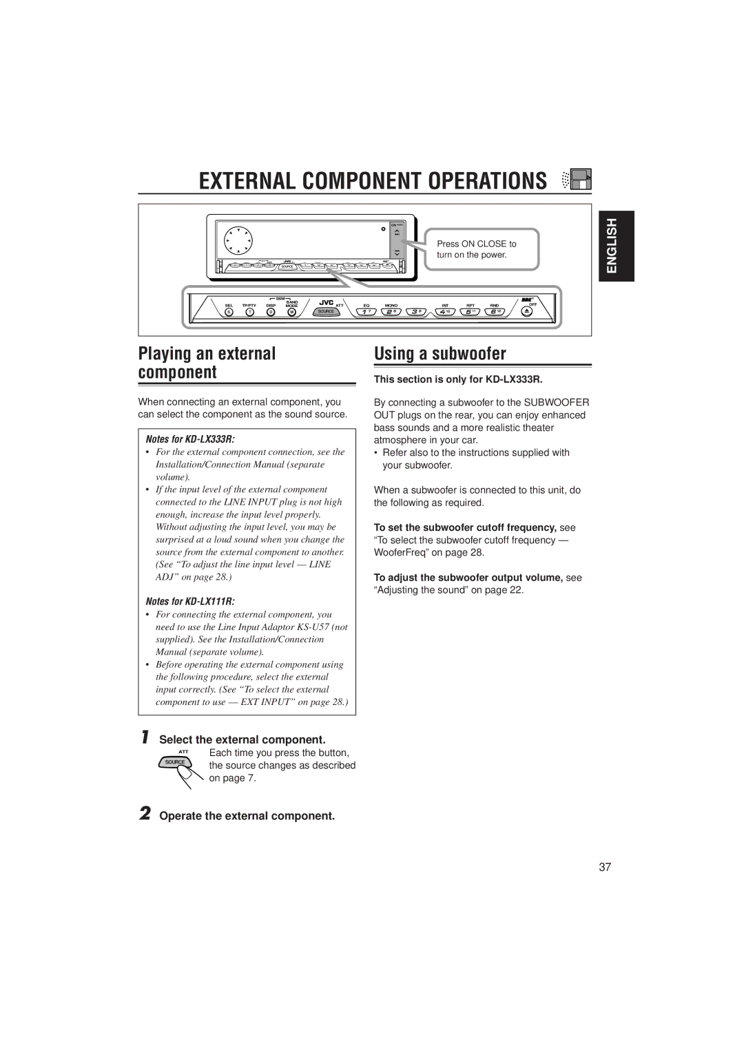 JVC PIM171200 Using a subwoofer, Select the external component, Operate the external component, Adjusting the sound on 