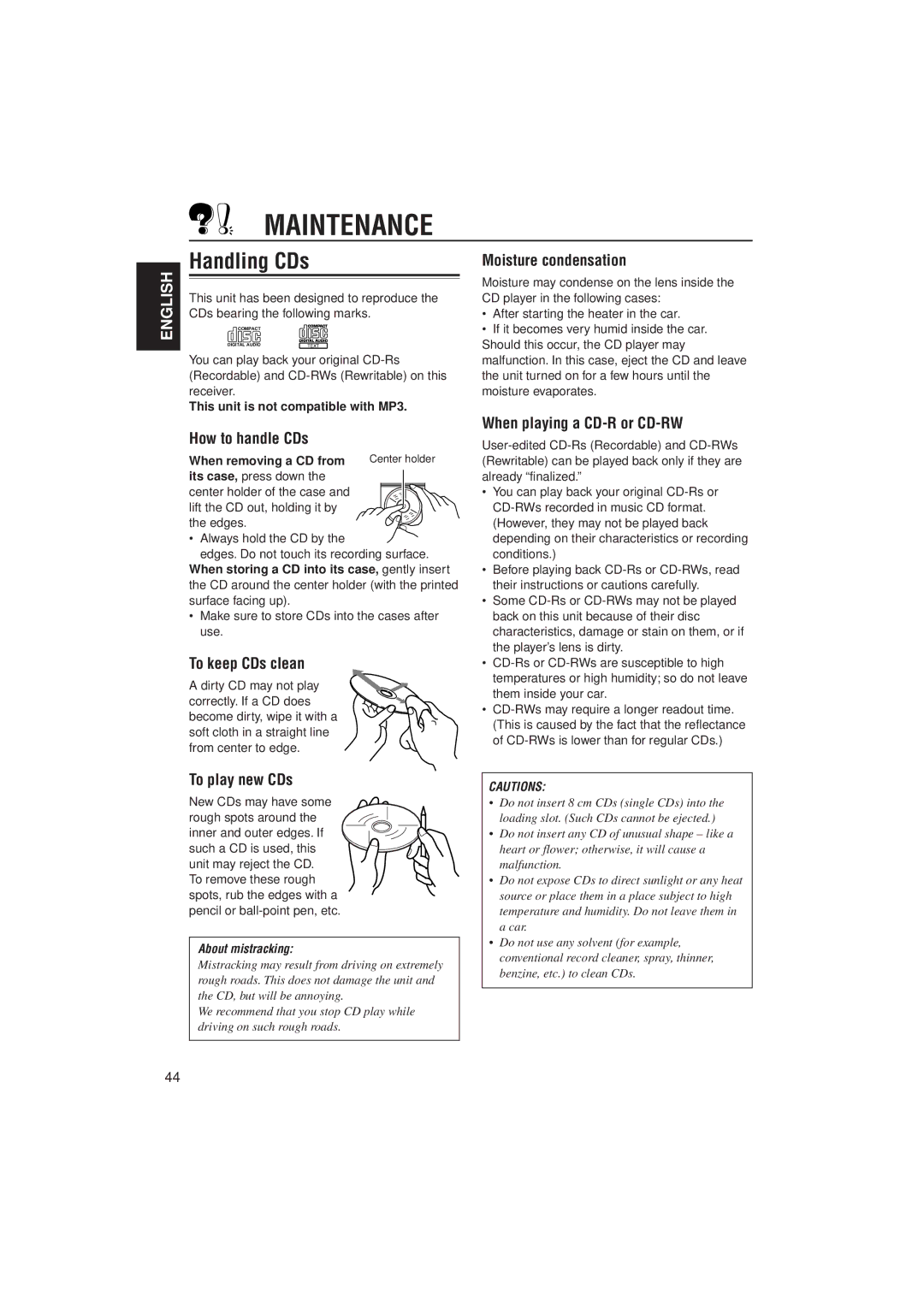 JVC PIM171200 manual Maintenance, Handling CDs 