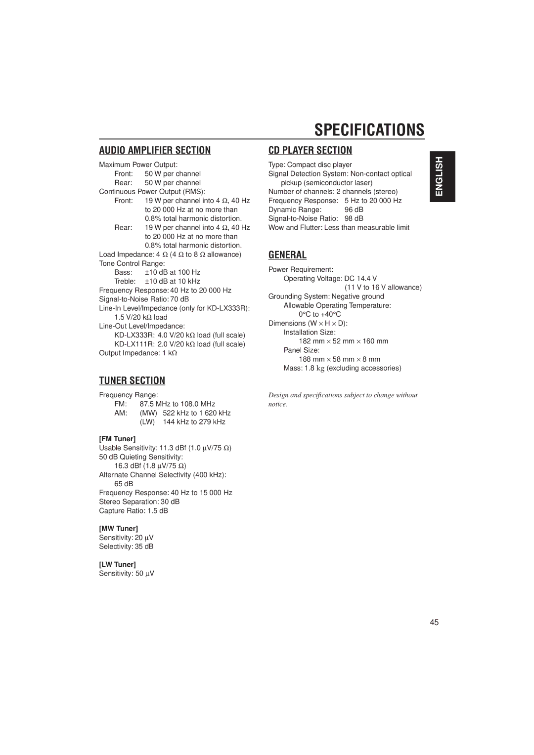 JVC PIM171200 manual Specifications, FM Tuner, MW Tuner, LW Tuner 