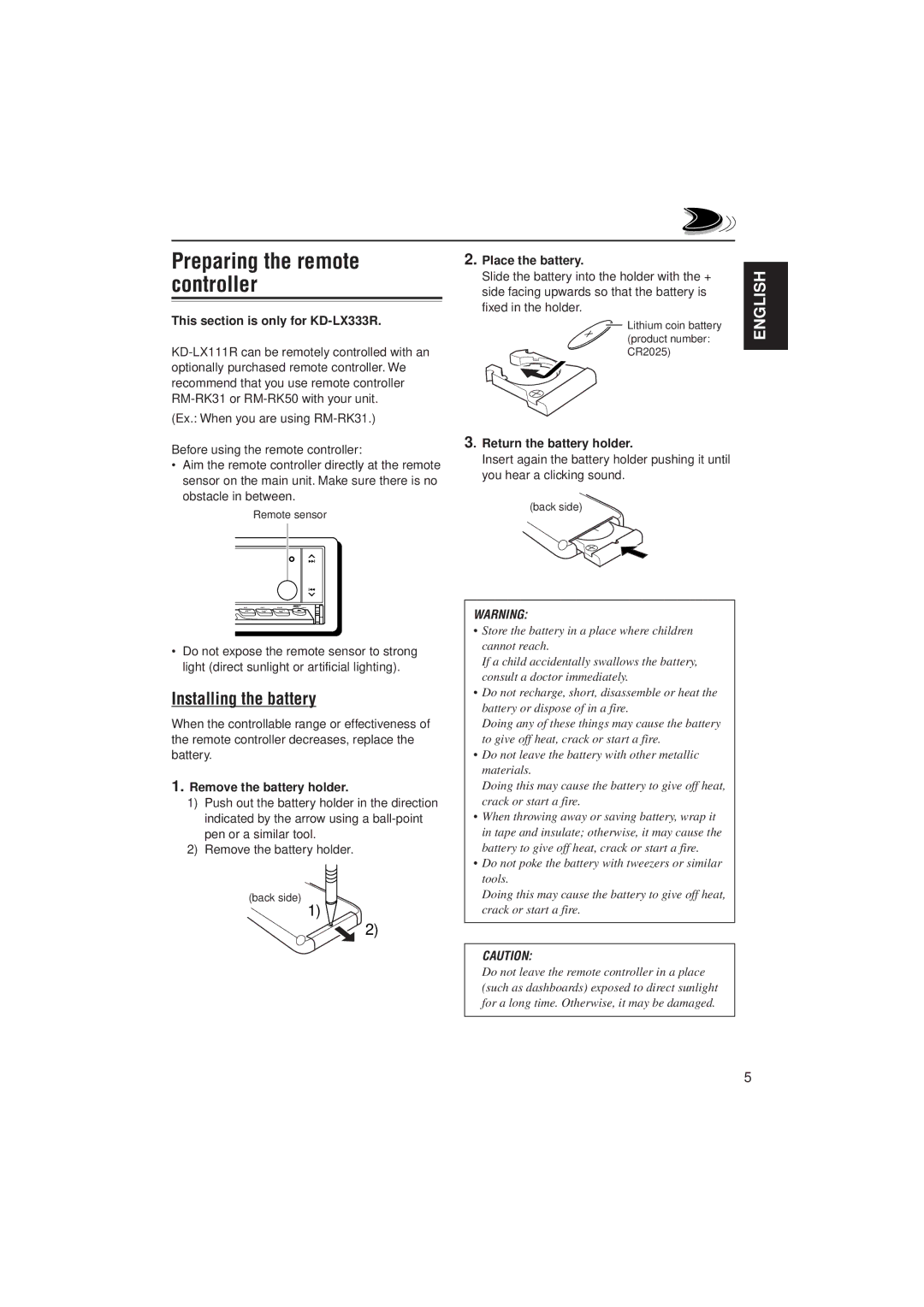 JVC PIM171200 manual Preparing the remote controller, Installing the battery 