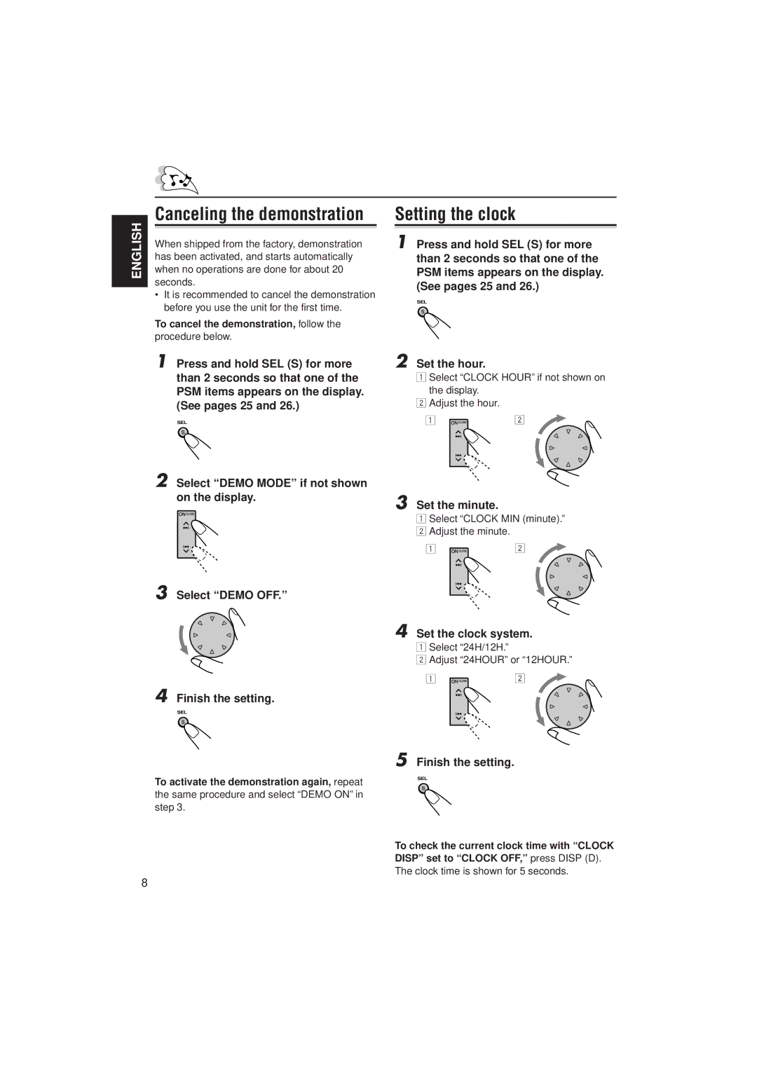 JVC PIM171200 manual Setting the clock, Set the hour, Set the minute, Set the clock system, Finish the setting 