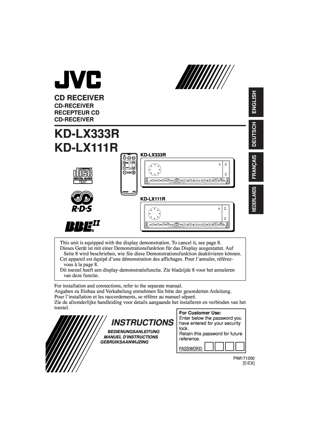 JVC PIM171200 manual Cd Receiver, Cd-Receiver Recepteur Cd Cd-Receiver, KD-LX333R KD-LX111R, Instructions 