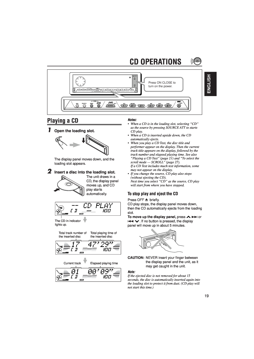 JVC PIM171200 manual Cd Operations, Playing a CD, English, To stop play and eject the CD, Open the loading slot 