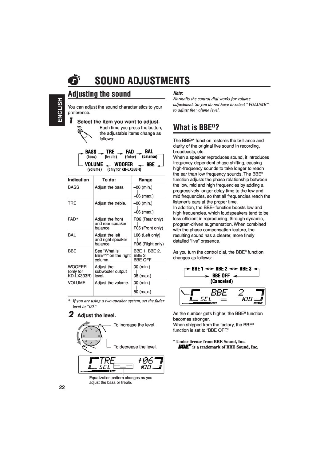 JVC PIM171200 Sound Adjustments, What is BBEII?, Adjusting the sound, English, Select the item you want to adjust, To do 