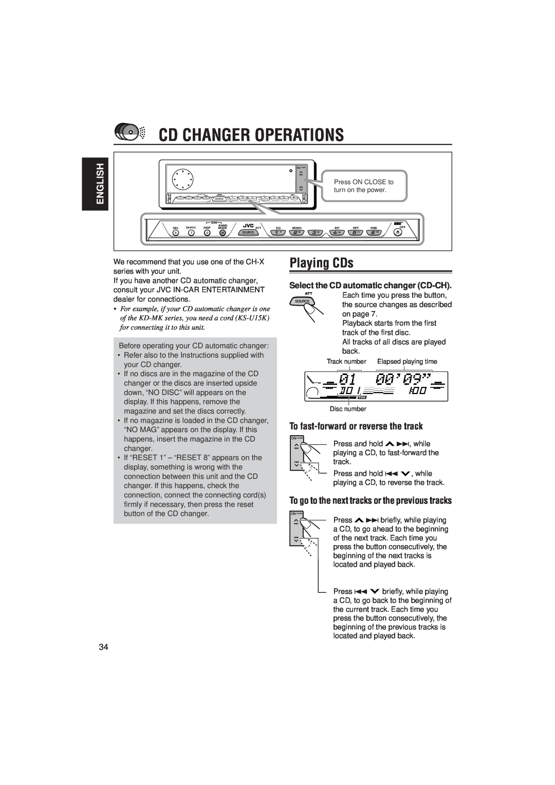 JVC PIM171200 manual Cd Changer Operations, Playing CDs, English, To fast-forwardor reverse the track 