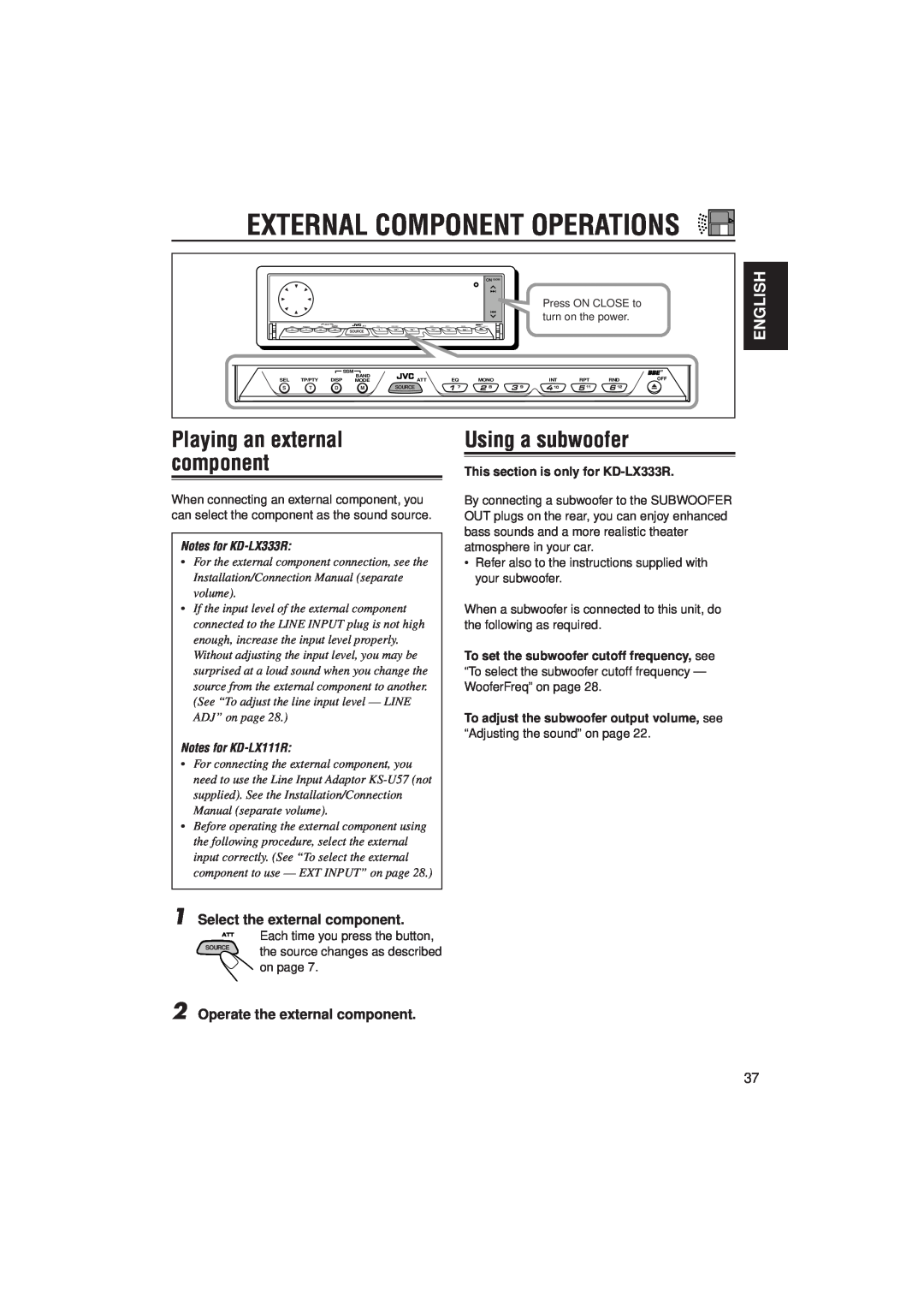 JVC PIM171200 manual Using a subwoofer, Playing an external component, External Component Operations, English 