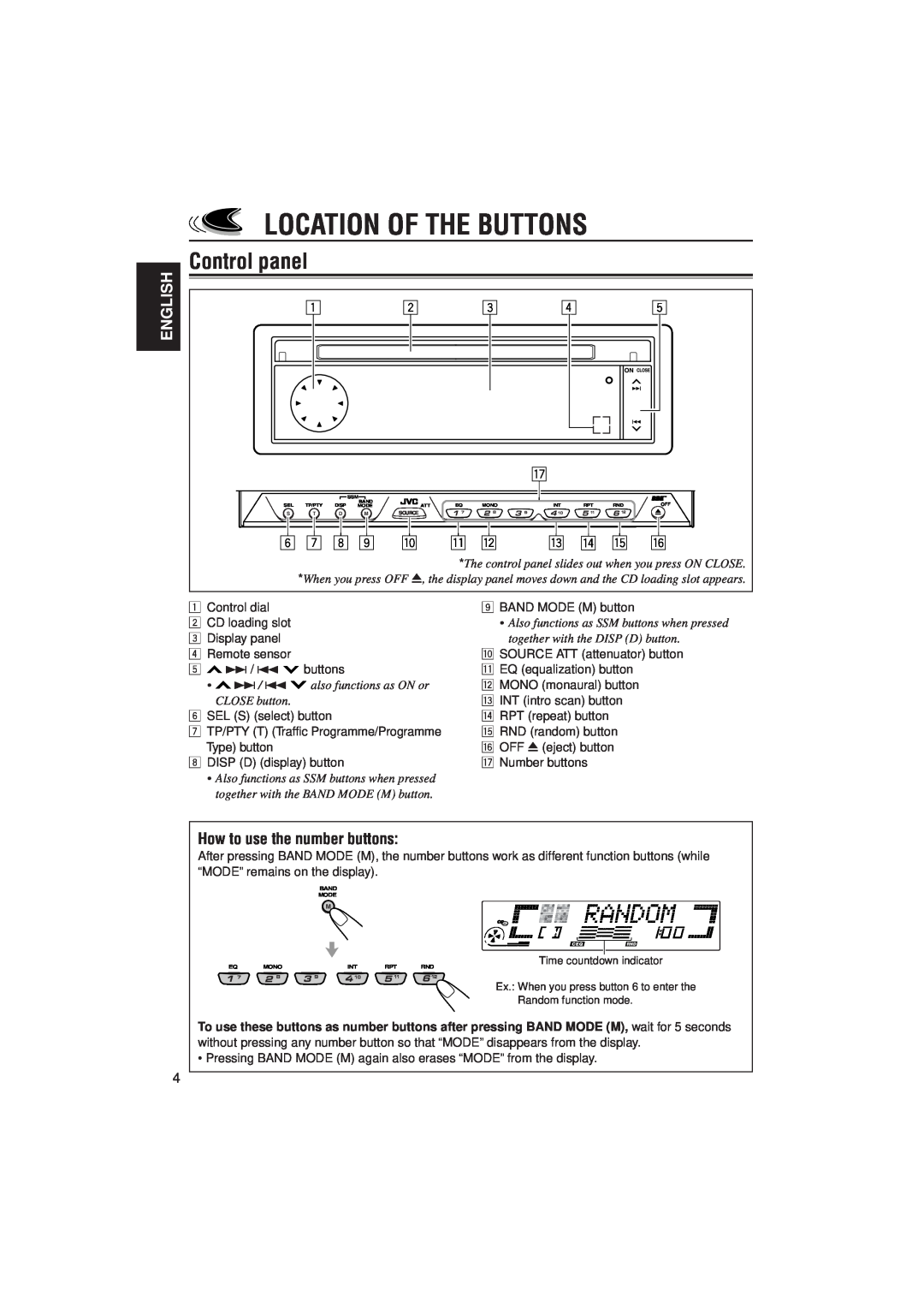 JVC PIM171200 manual Location Of The Buttons, Control panel, English, How to use the number buttons 