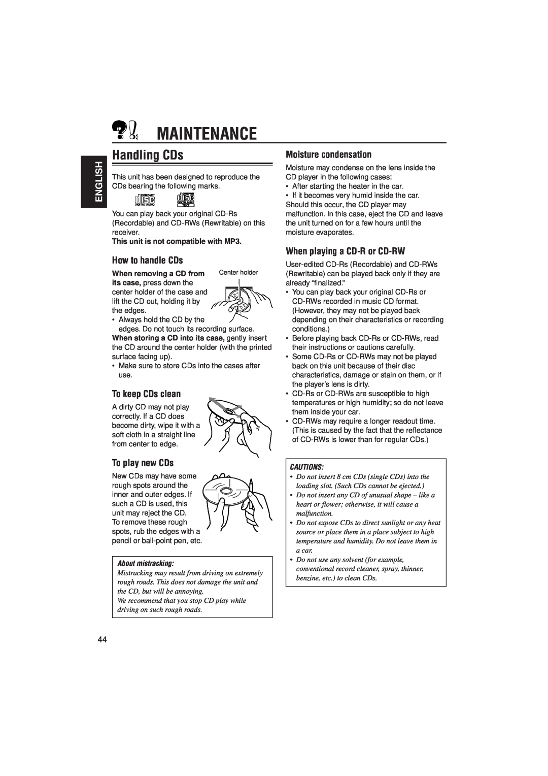 JVC PIM171200 Maintenance, Handling CDs, English, Moisture condensation, How to handle CDs, To keep CDs clean, Cautions 