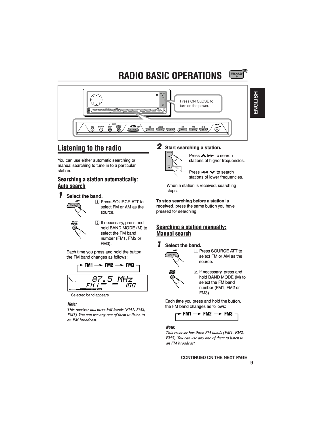 JVC PIM171200 manual Radio Basic Operations, Listening to the radio, Searching a station automatically Auto search, English 