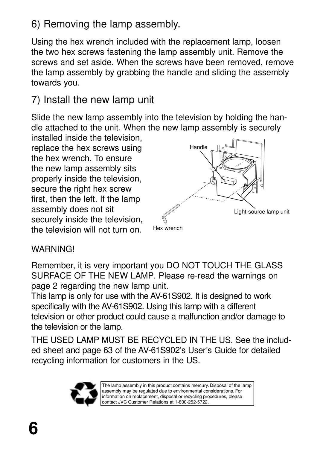 JVC PK-CL200U manual Removing the lamp assembly, Install the new lamp unit 