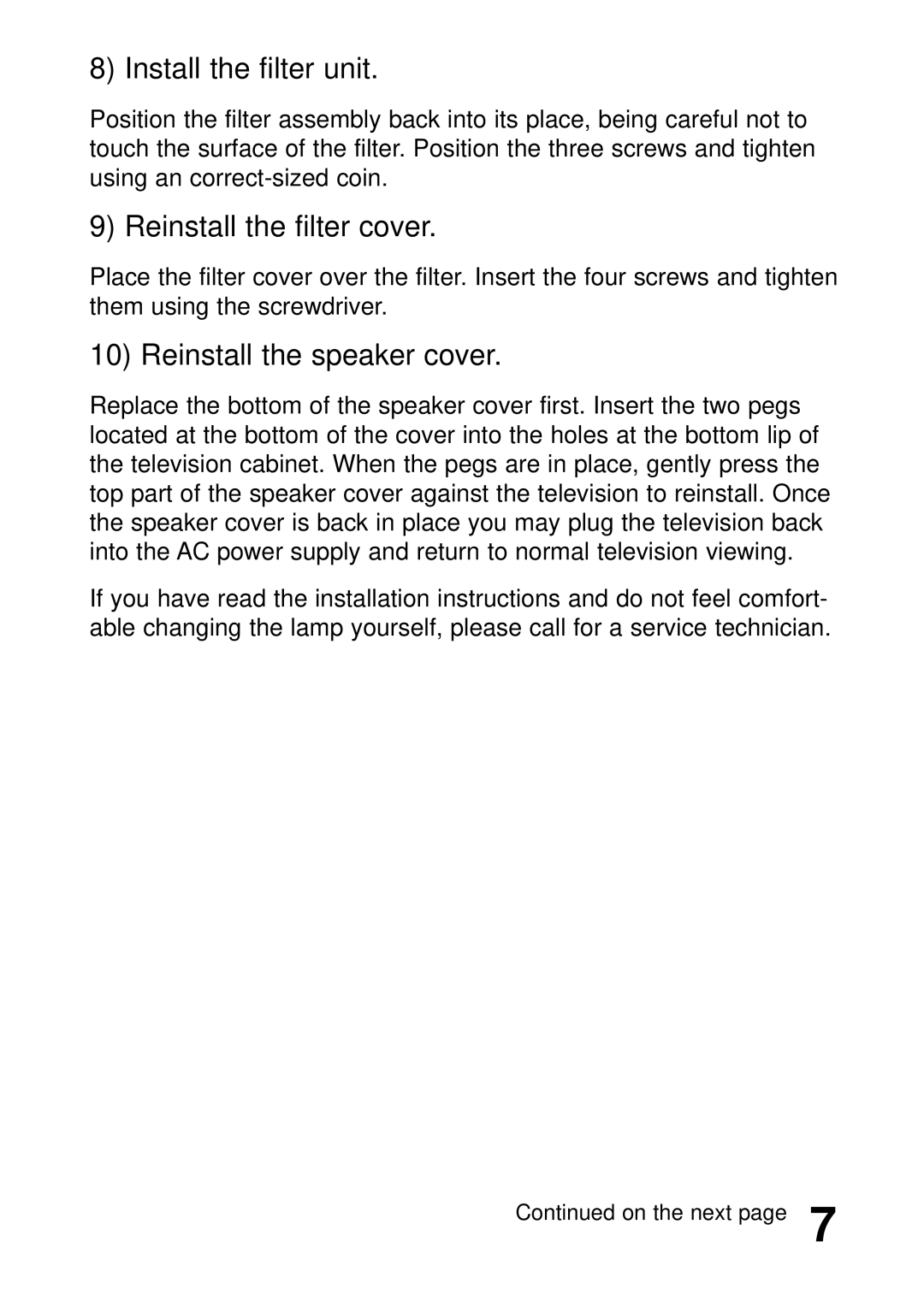 JVC PK-CL200U manual Install the filter unit, Reinstall the filter cover, Reinstall the speaker cover 