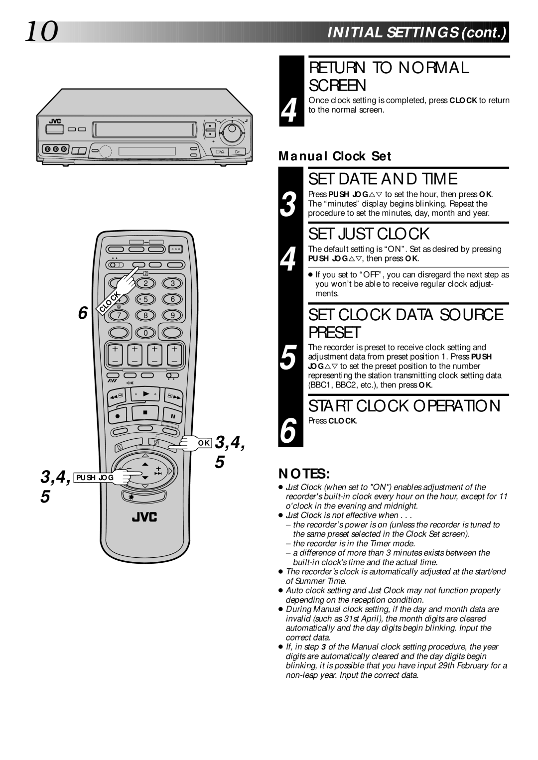 JVC PU30425 specifications Return to Normal Screen, SET Date and Time, SET Just Clock, Preset, Initial Settings 