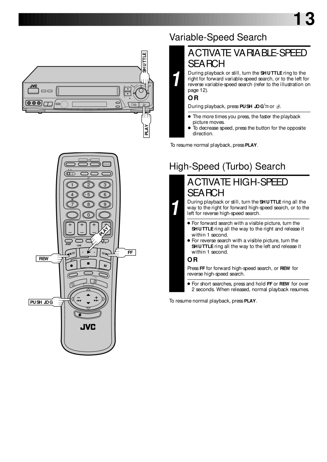 JVC PU30425 Activate VARIABLE-SPEED Search, Activate HIGH-SPEED Search, Variable-Speed Search, High-Speed Turbo Search 