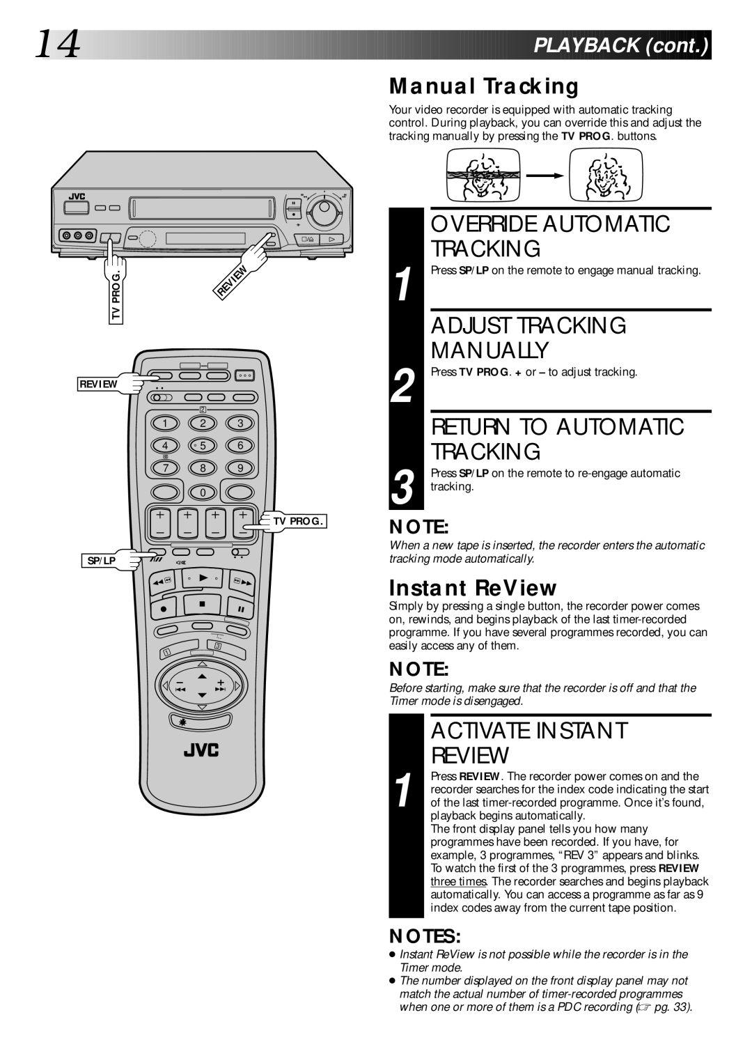 JVC PU30425 specifications Adjust Tracking Manually, Return to Automatic Tracking, Activate Instant Review, Manual Tracking 