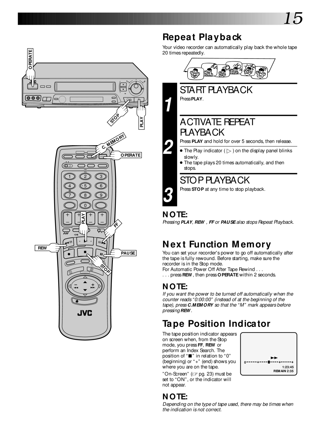 JVC PU30425 specifications Activate Repeat, Repeat Playback, Next Function Memory, Tape Position Indicator 