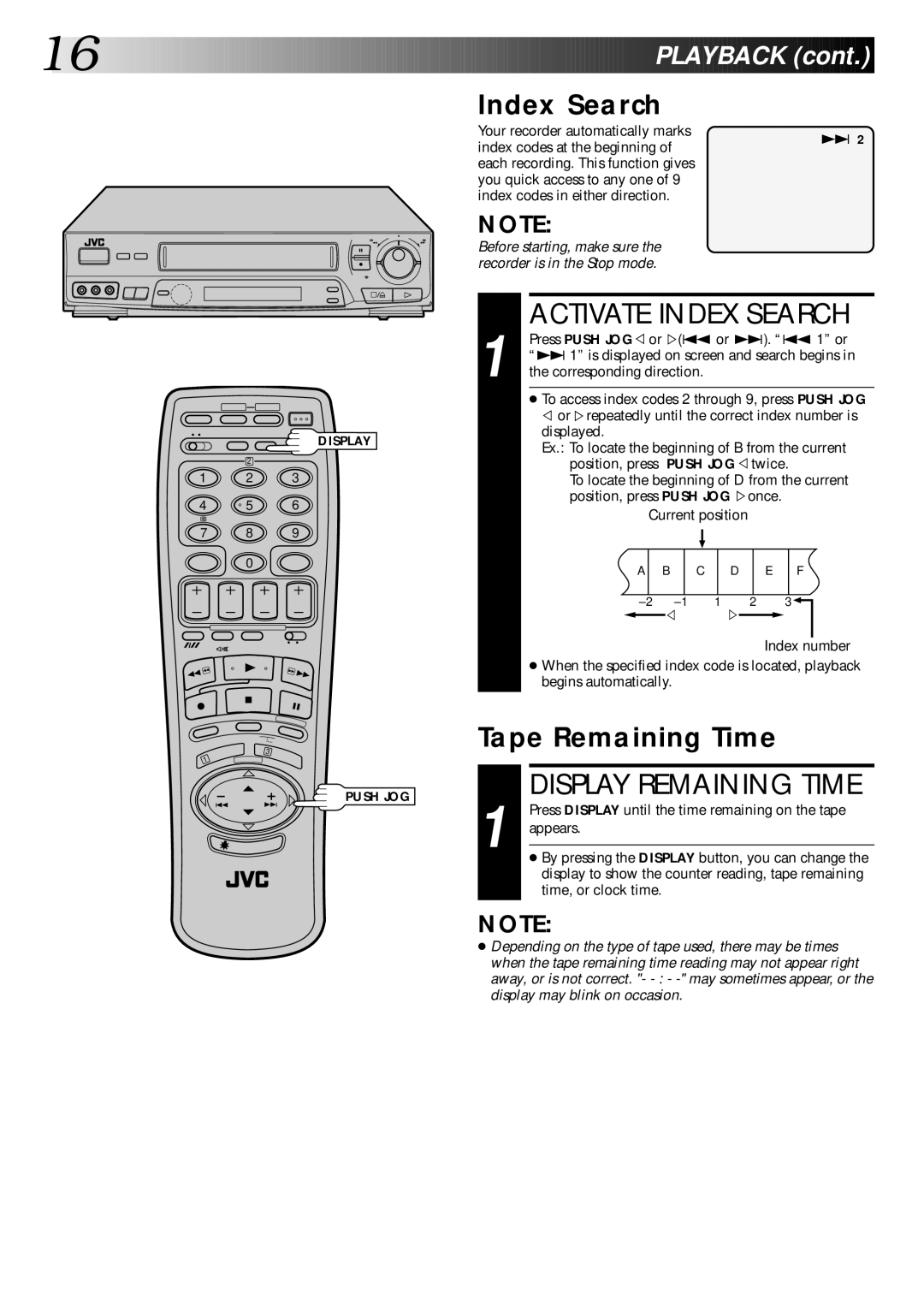 JVC PU30425 specifications Activate Index Search, Display Remaining Time, Tape Remaining Time 