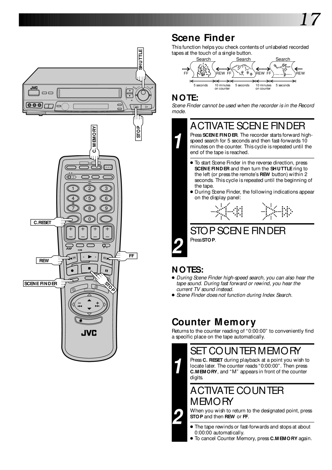 JVC PU30425 specifications Activate Scene Finder, Stop Scene Finder, SET Counter Memory, Activate Counter 