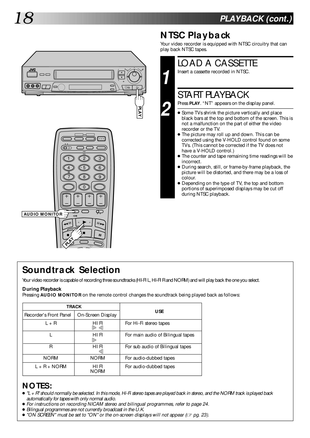 JVC PU30425 specifications Ntsc Playback, Soundtrack Selection, During Playback 