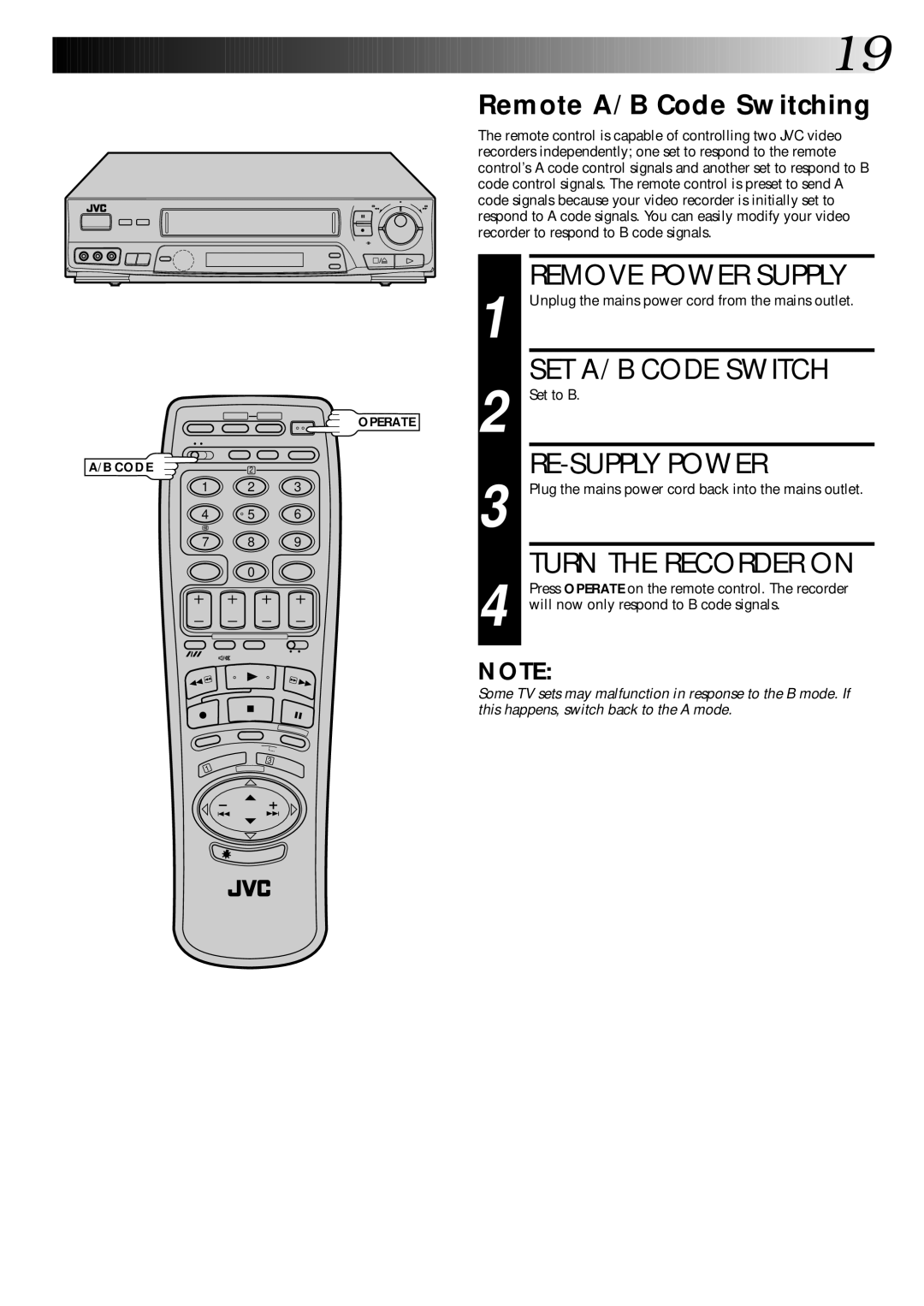 JVC PU30425 SET A/B Code Switch, RE-SUPPLY Power, Remote A/B Code Switching, Remove Power Supply, Turn the Recorder on 